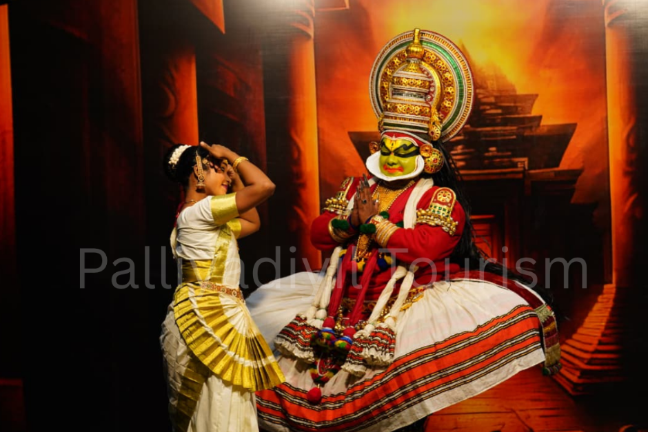 Kathakali performer in traditional costume and elaborate makeup